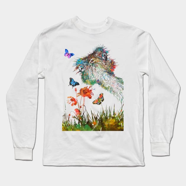 Ostrich peeking Long Sleeve T-Shirt by RosaliArt